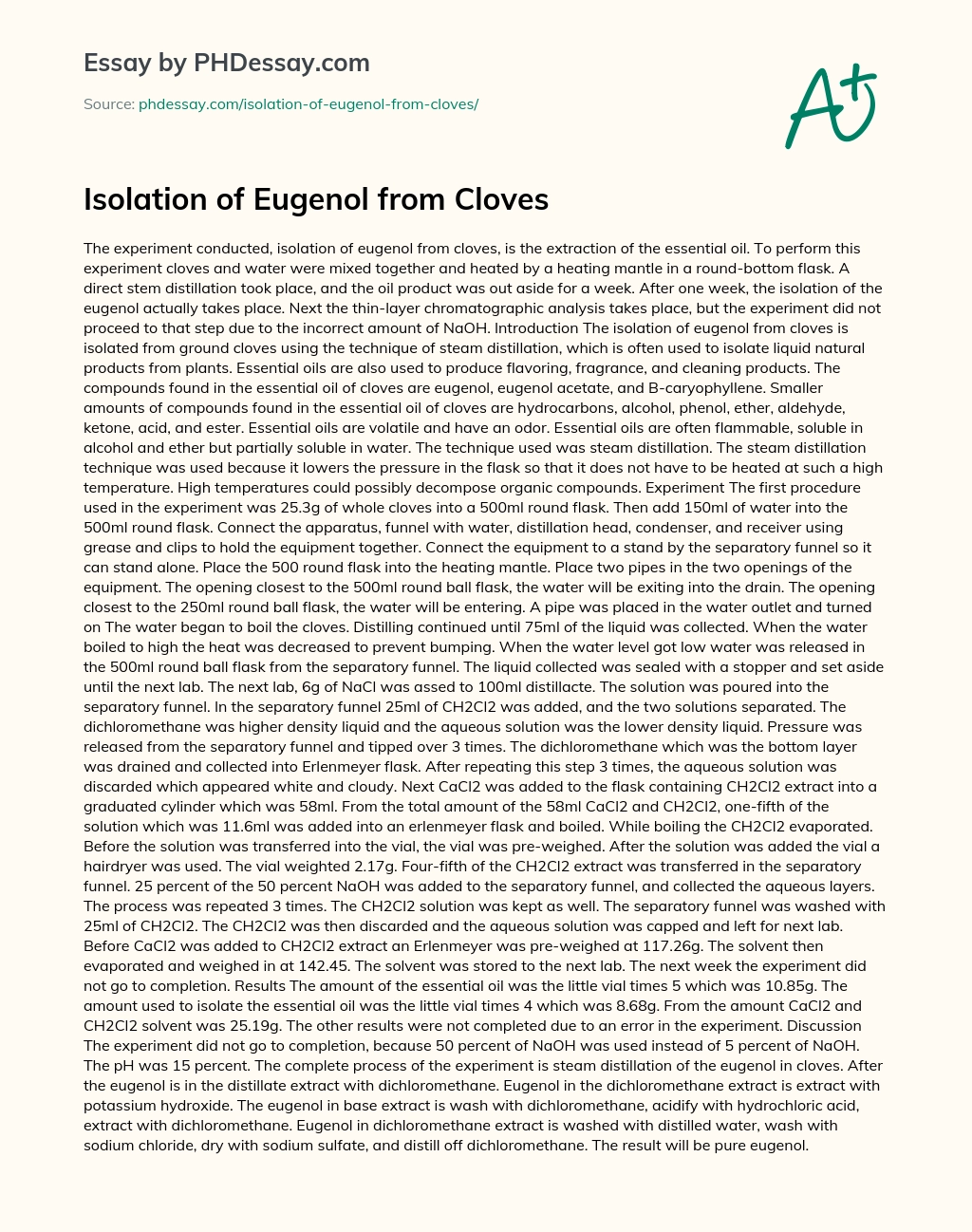 Isolation of Eugenol from Cloves essay