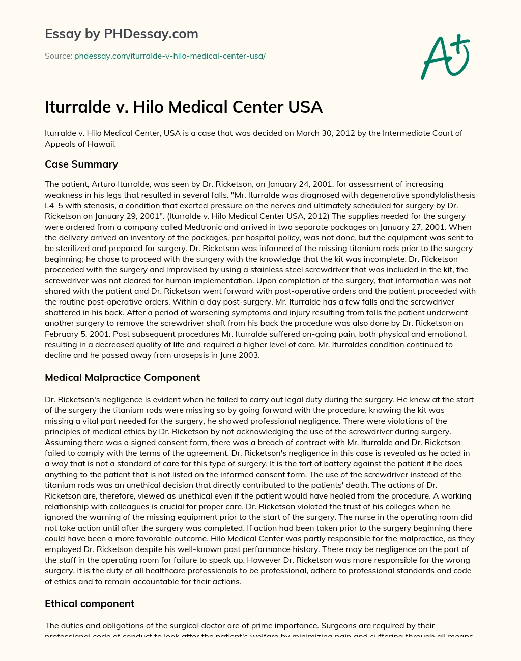 Iturralde v. Hilo Medical Center USA essay