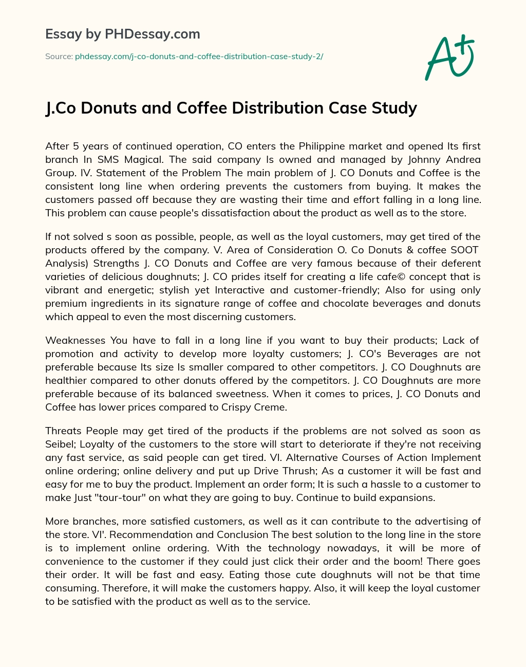 J.Co Donuts and Coffee Distribution Case Study essay