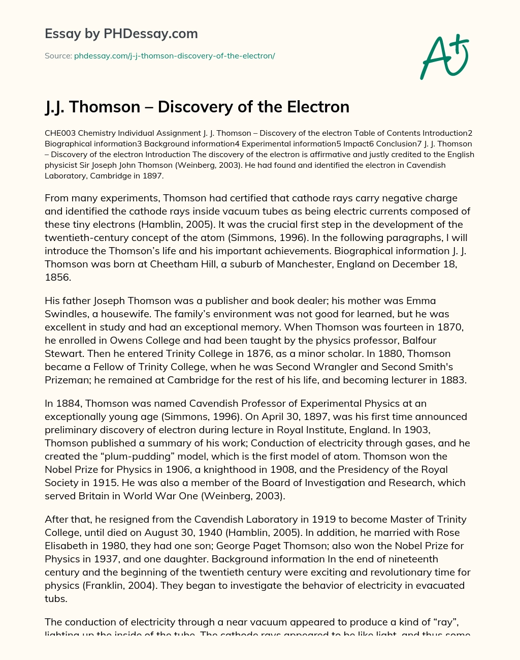 J.J. Thomson – Discovery of the Electron essay