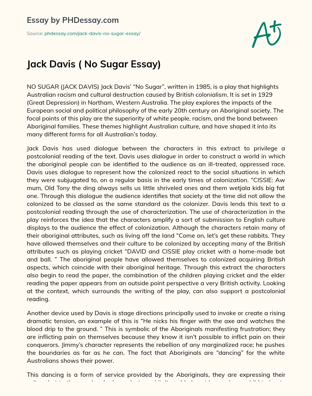 Jack Davis ( No Sugar Essay) essay