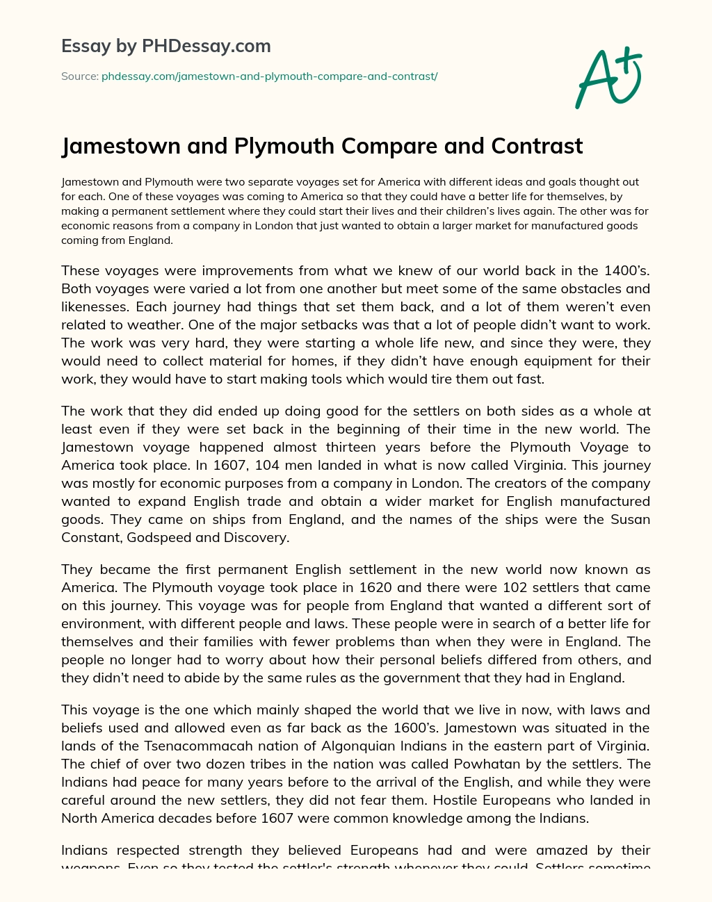Jamestown and Plymouth Compare and Contrast essay
