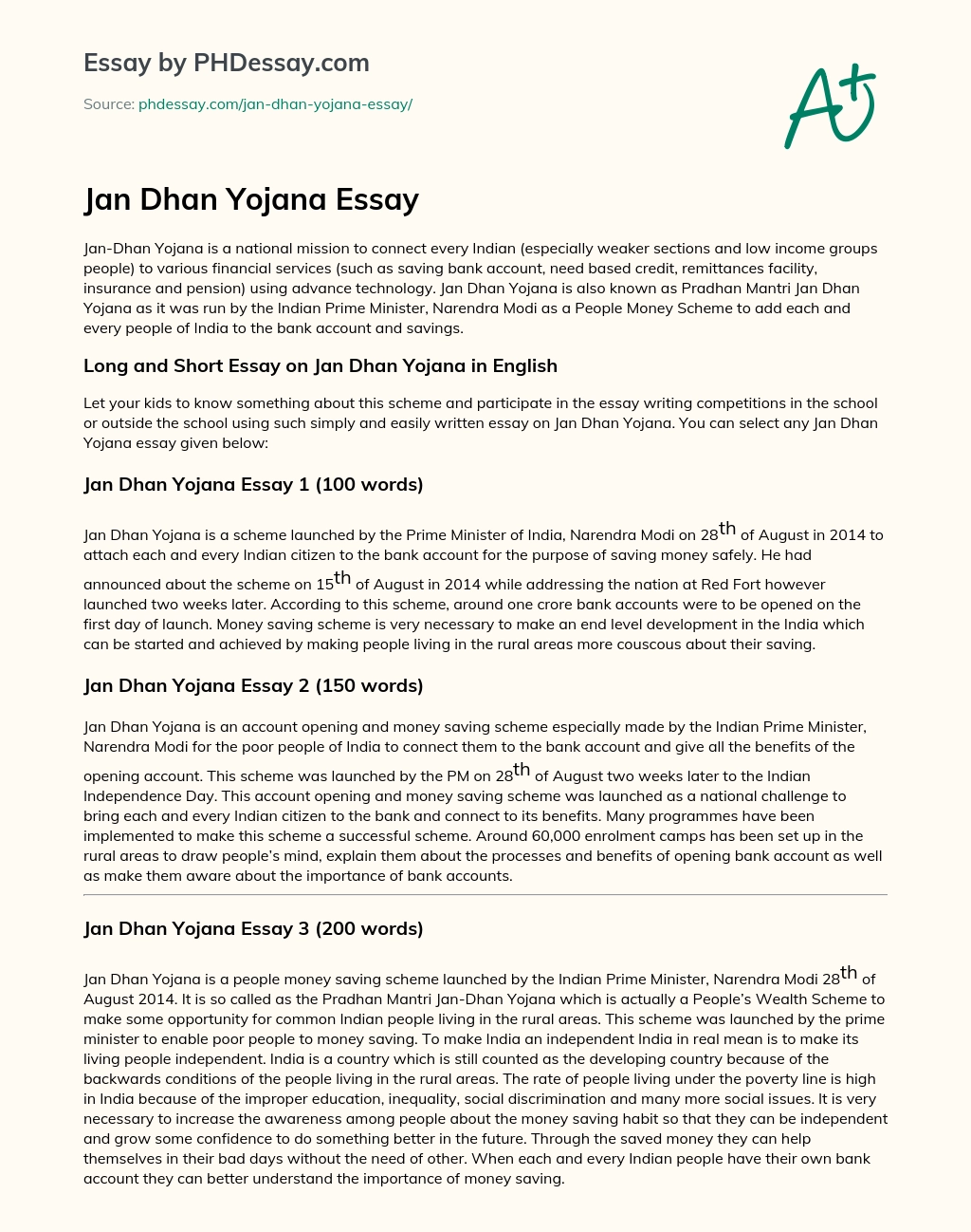Jan Dhan Yojana Essay essay