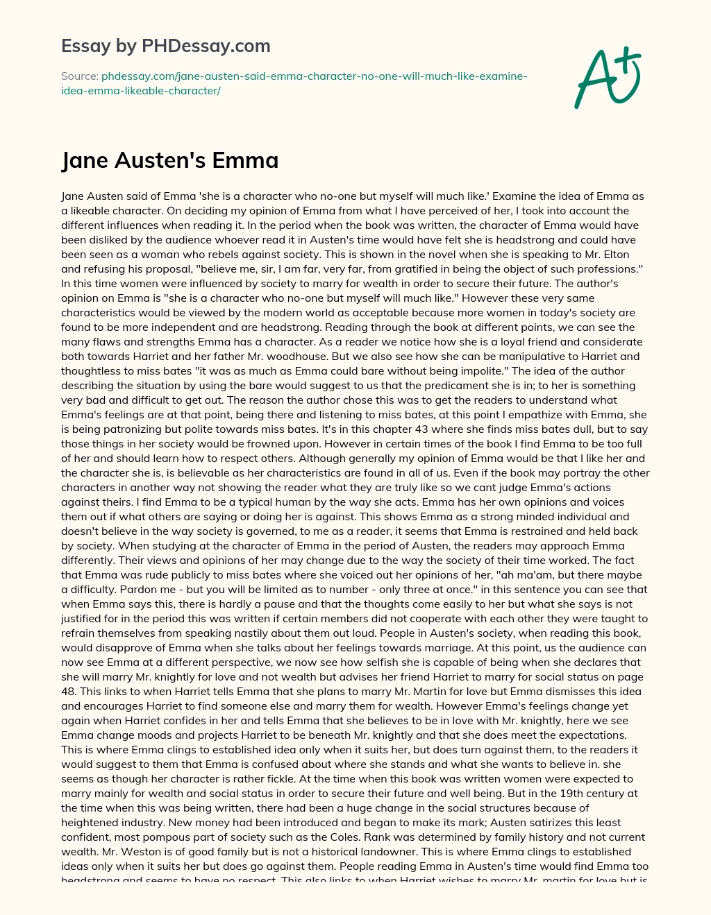 Jane Austen’s Emma essay