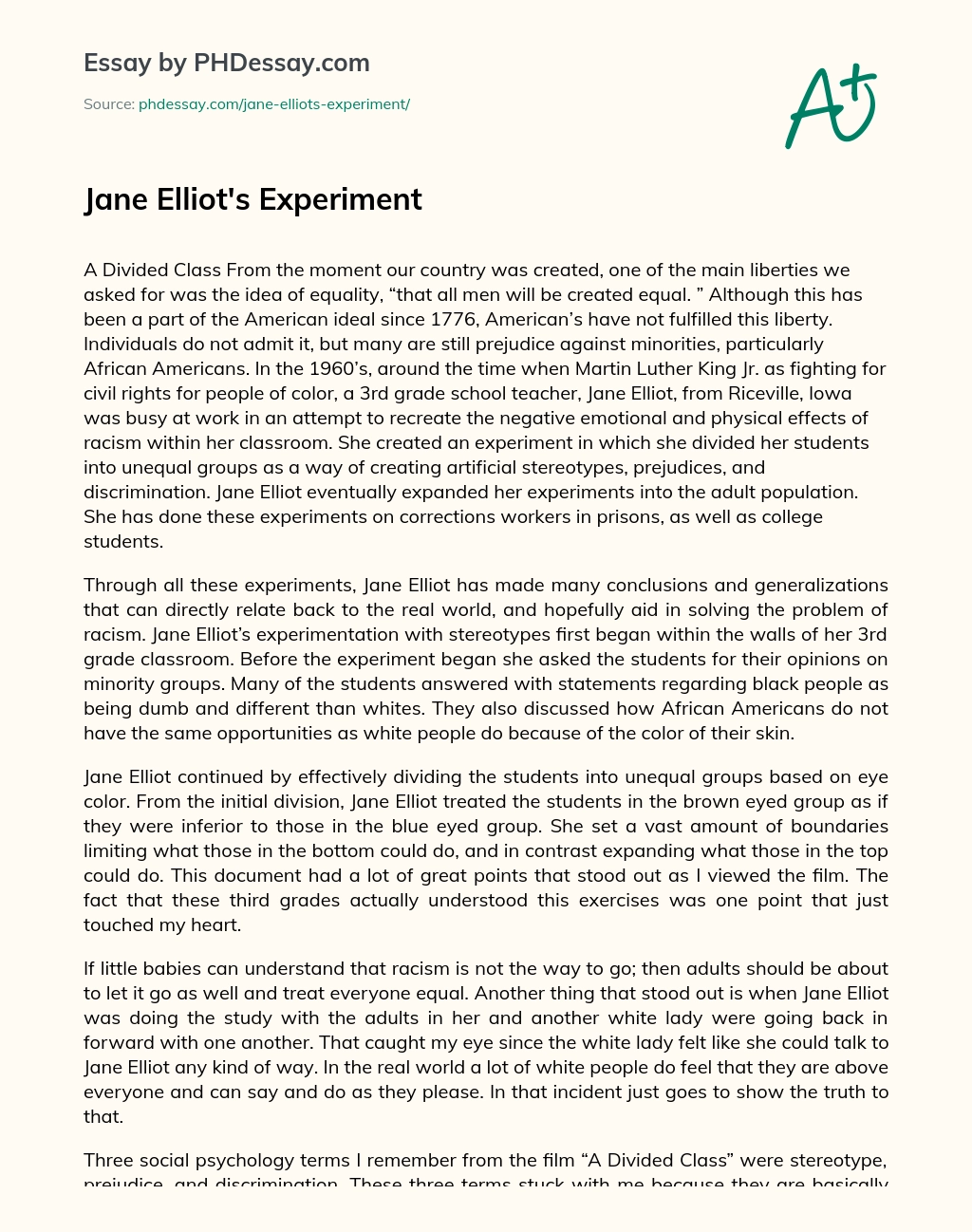 Jane Elliot’s Experiment essay