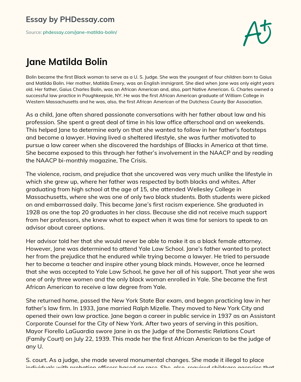 Jane Matilda Bolin essay