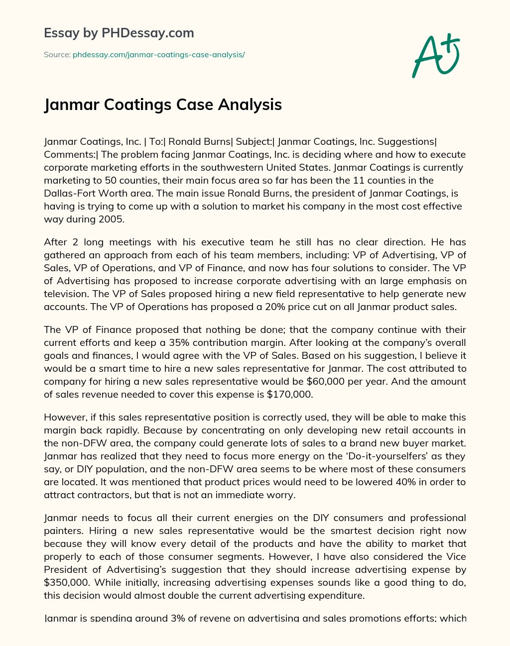 Janmar Coatings Case Analysis essay