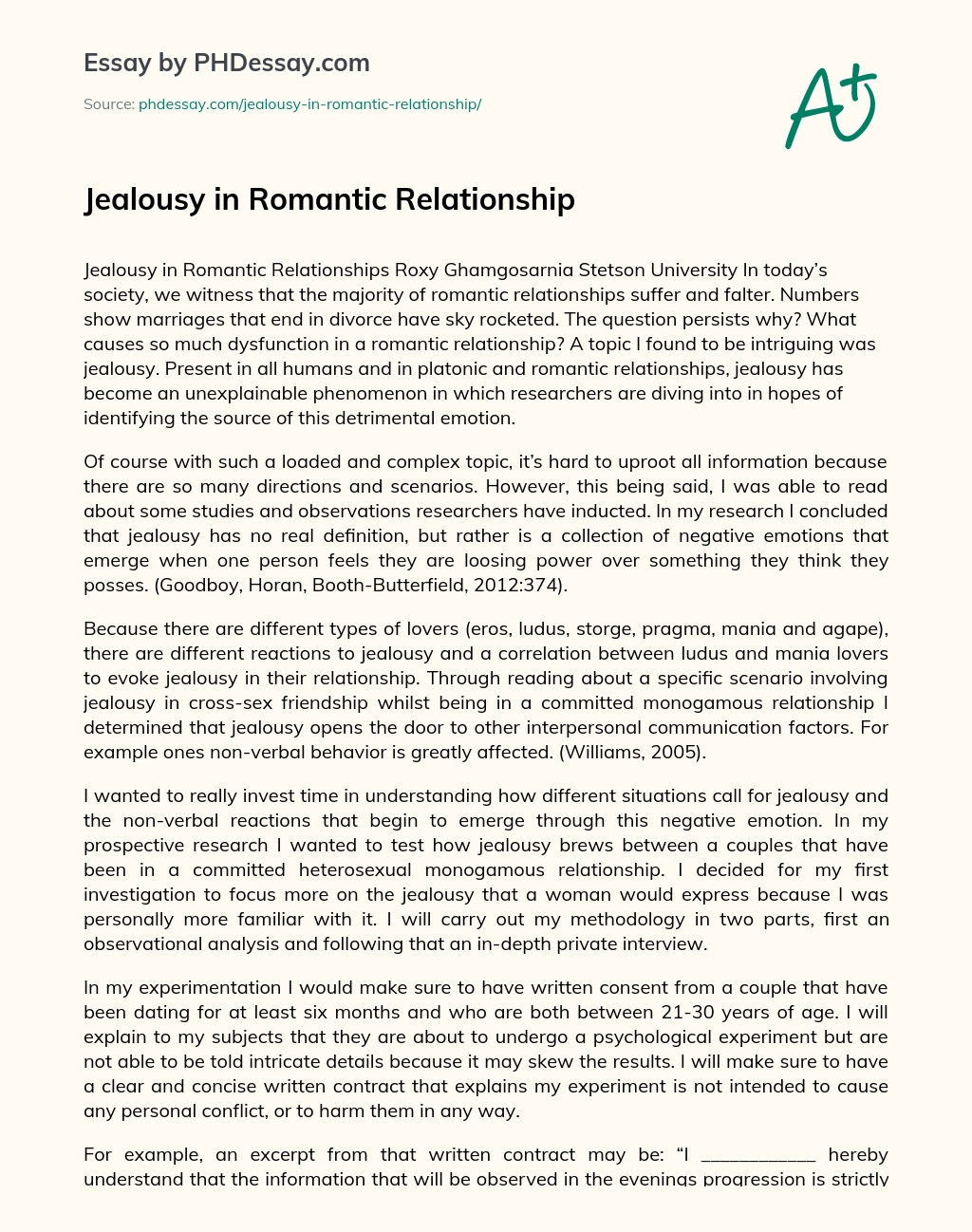 Jealousy in Romantic Relationship essay