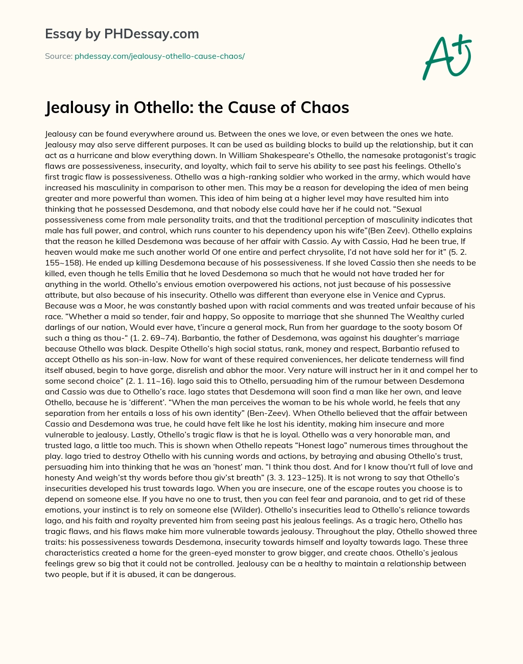 Jealousy in Othello: the Cause of Chaos essay