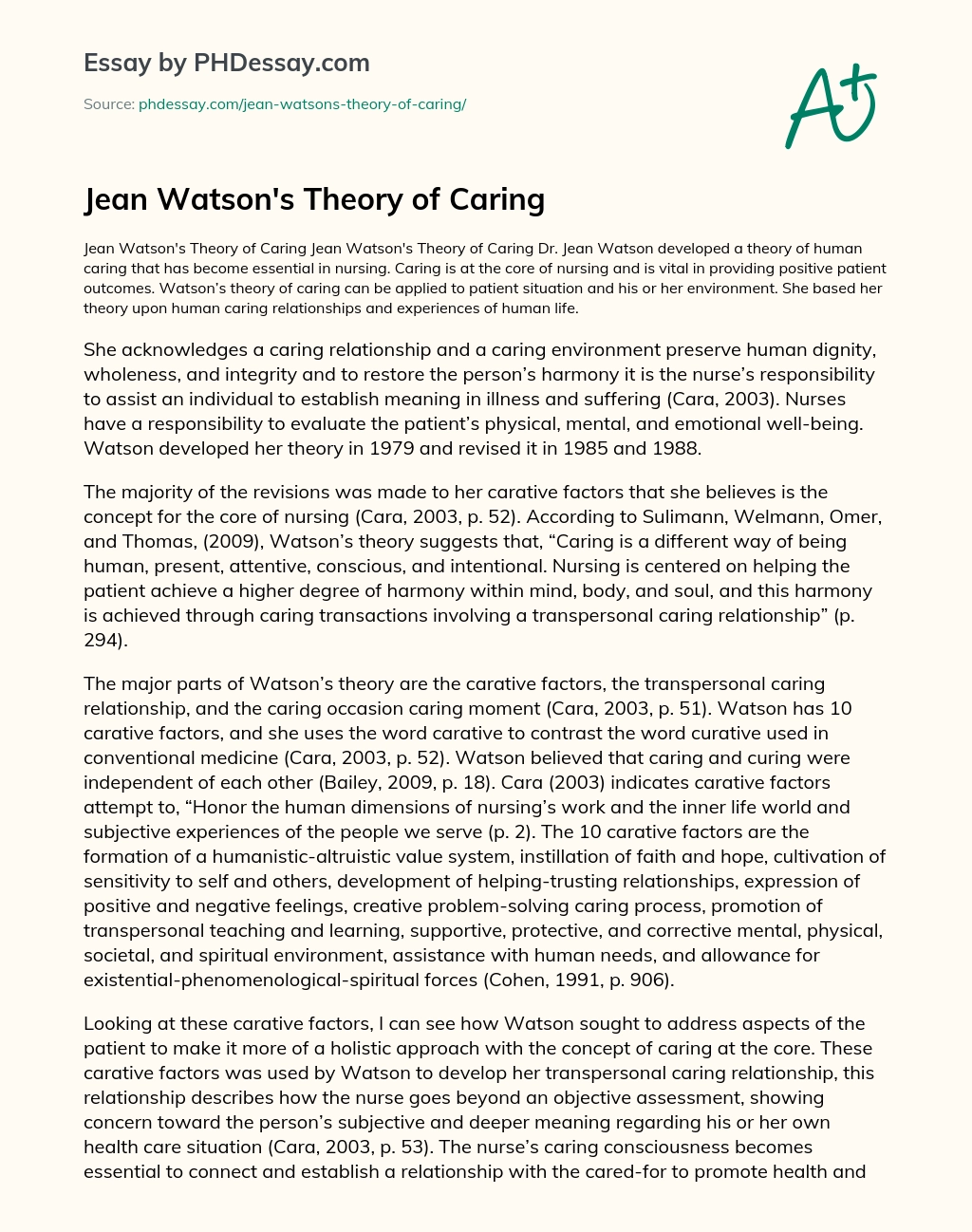 Jean Watson’s Theory of Caring essay
