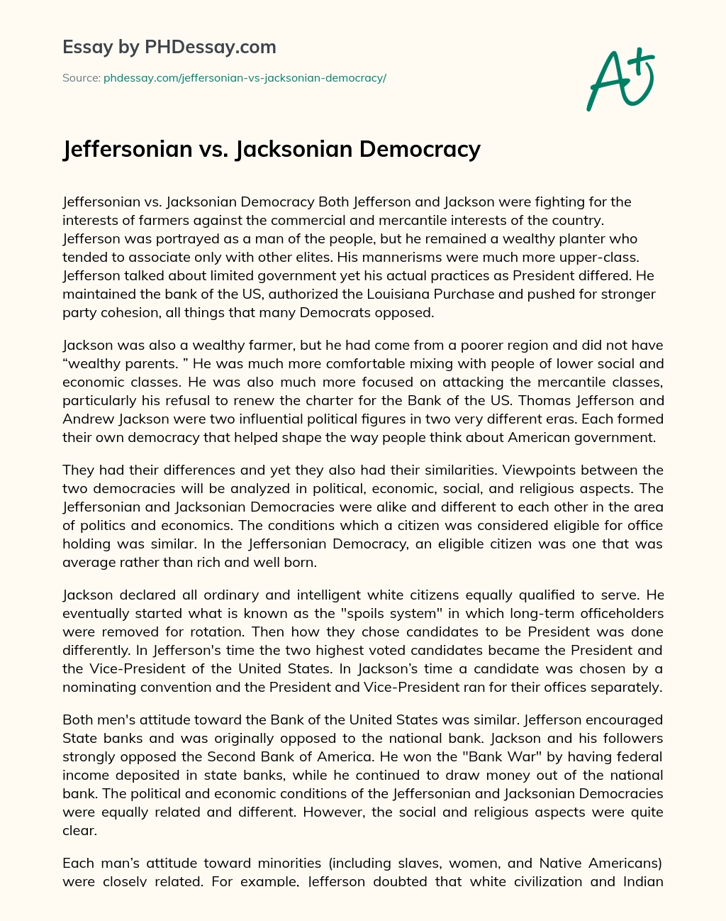 Jeffersonian vs. Jacksonian Democracy essay