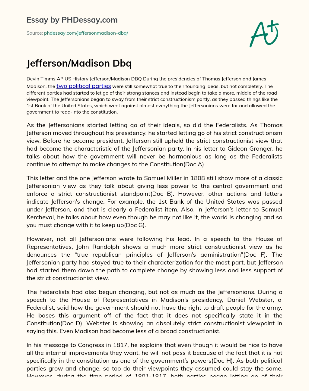 Jefferson/Madison Dbq essay