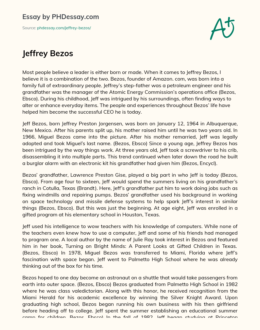 Jeff Bezos: Born and Made Leader with a Fascination for Innovation essay