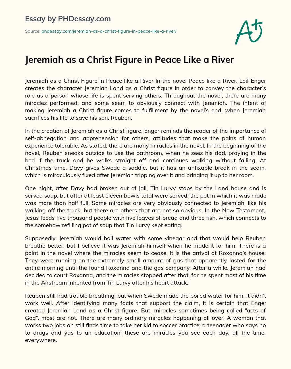 Jeremiah as a Christ Figure in Peace Like a River essay