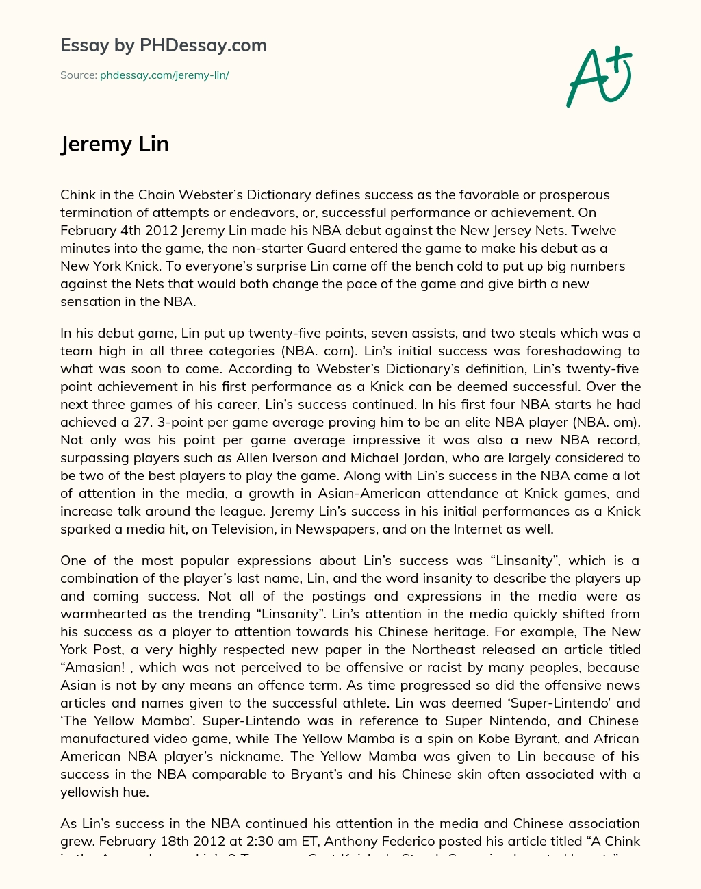Jeremy Lin’s Initial Success in the NBA essay