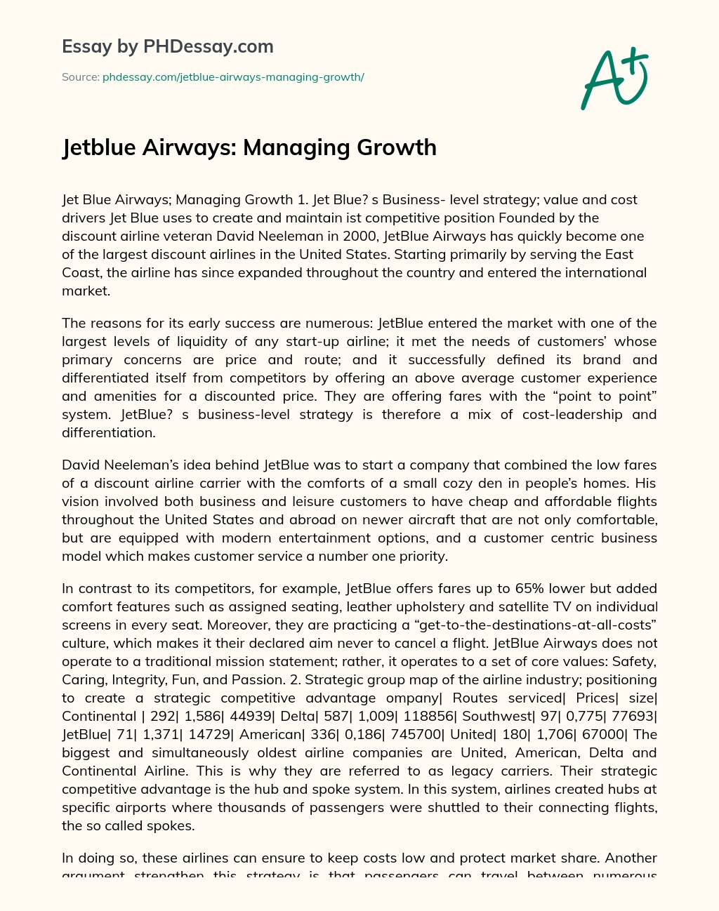 Jetblue Airways: Managing Growth essay