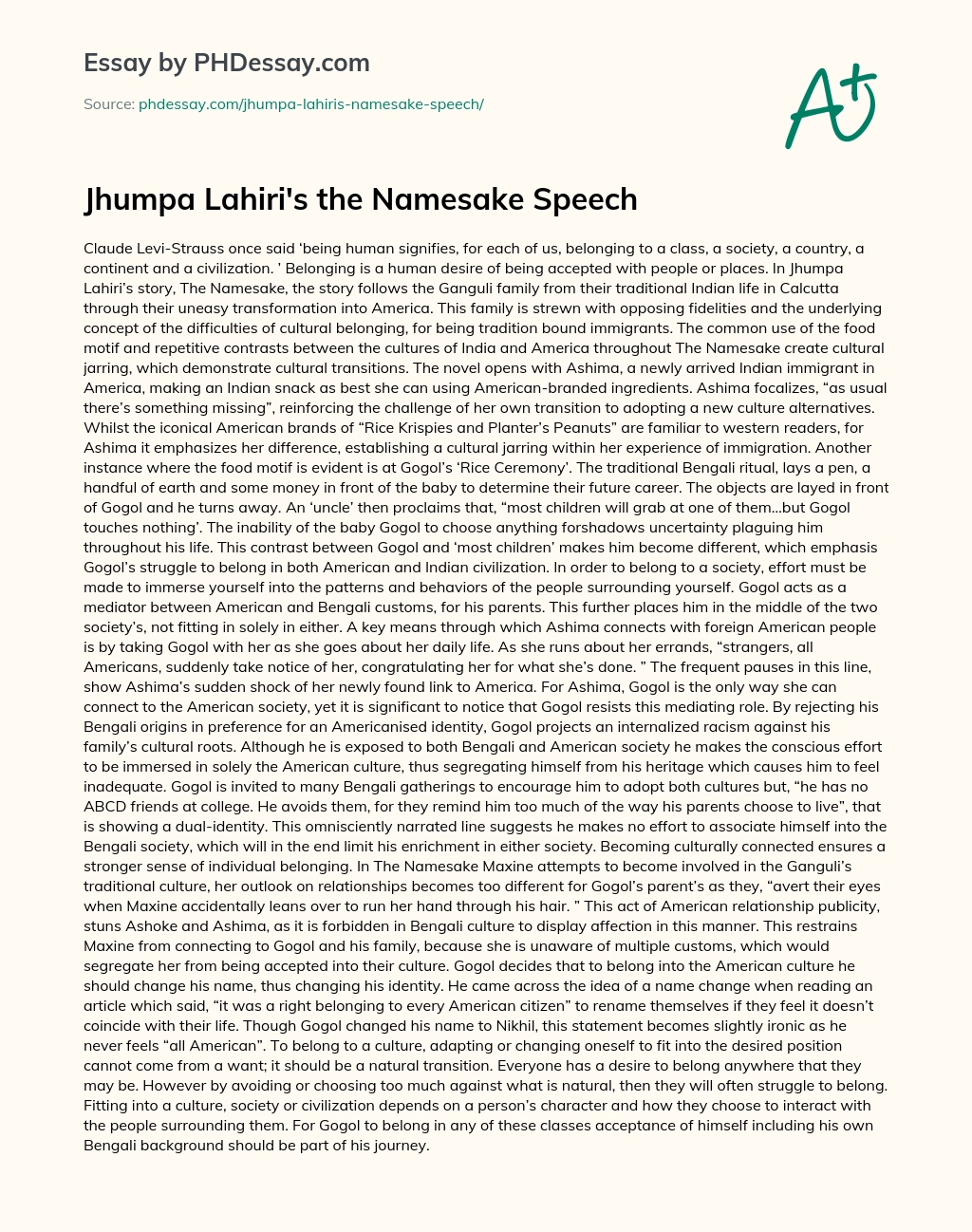 Jhumpa Lahiri’s the Namesake Speech essay