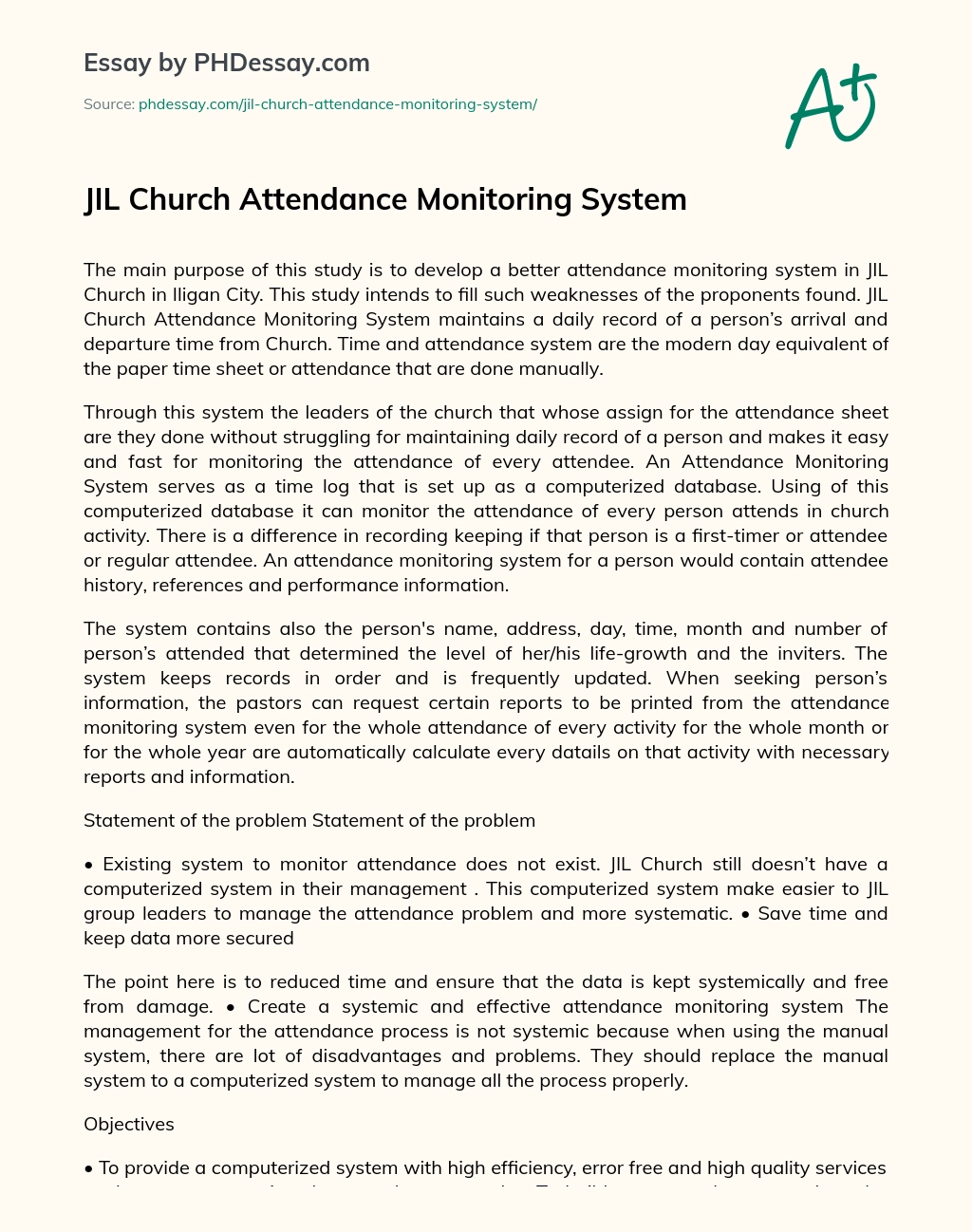 JIL Church Attendance Monitoring System essay