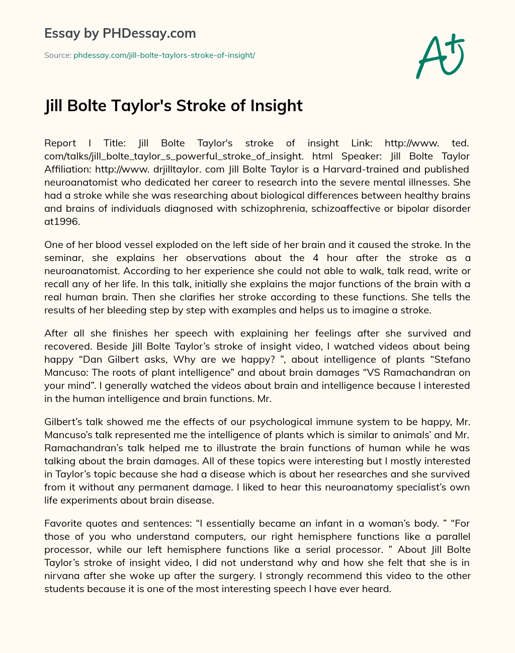 Jill Bolte Taylor’s Stroke of Insight essay