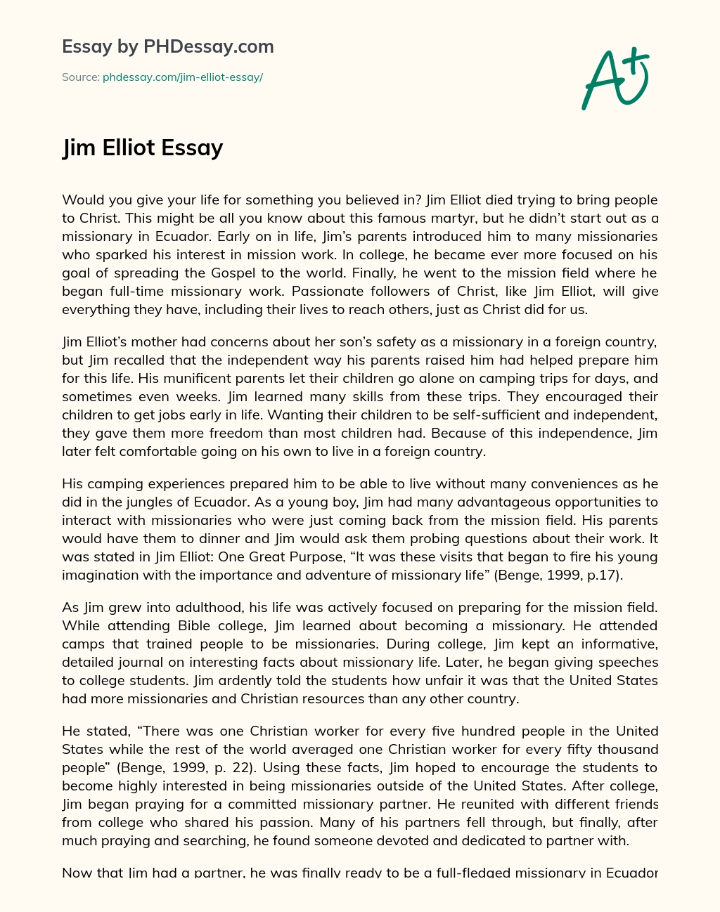 Passionate Martyr: The Life of Jim Elliot essay