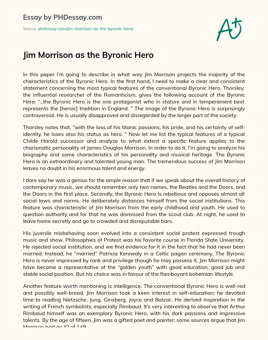 Jim Morrison as the Byronic Hero essay