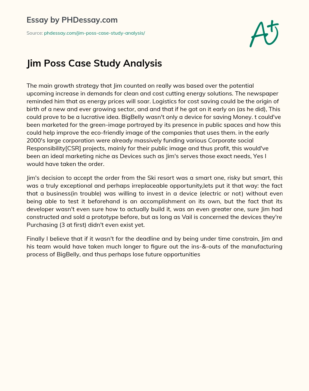Jim Poss Case Study Analysis essay