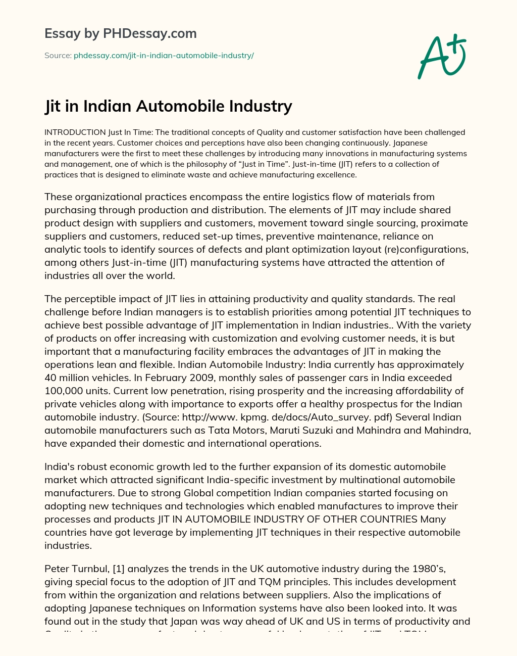 Jit in Indian Automobile Industry essay