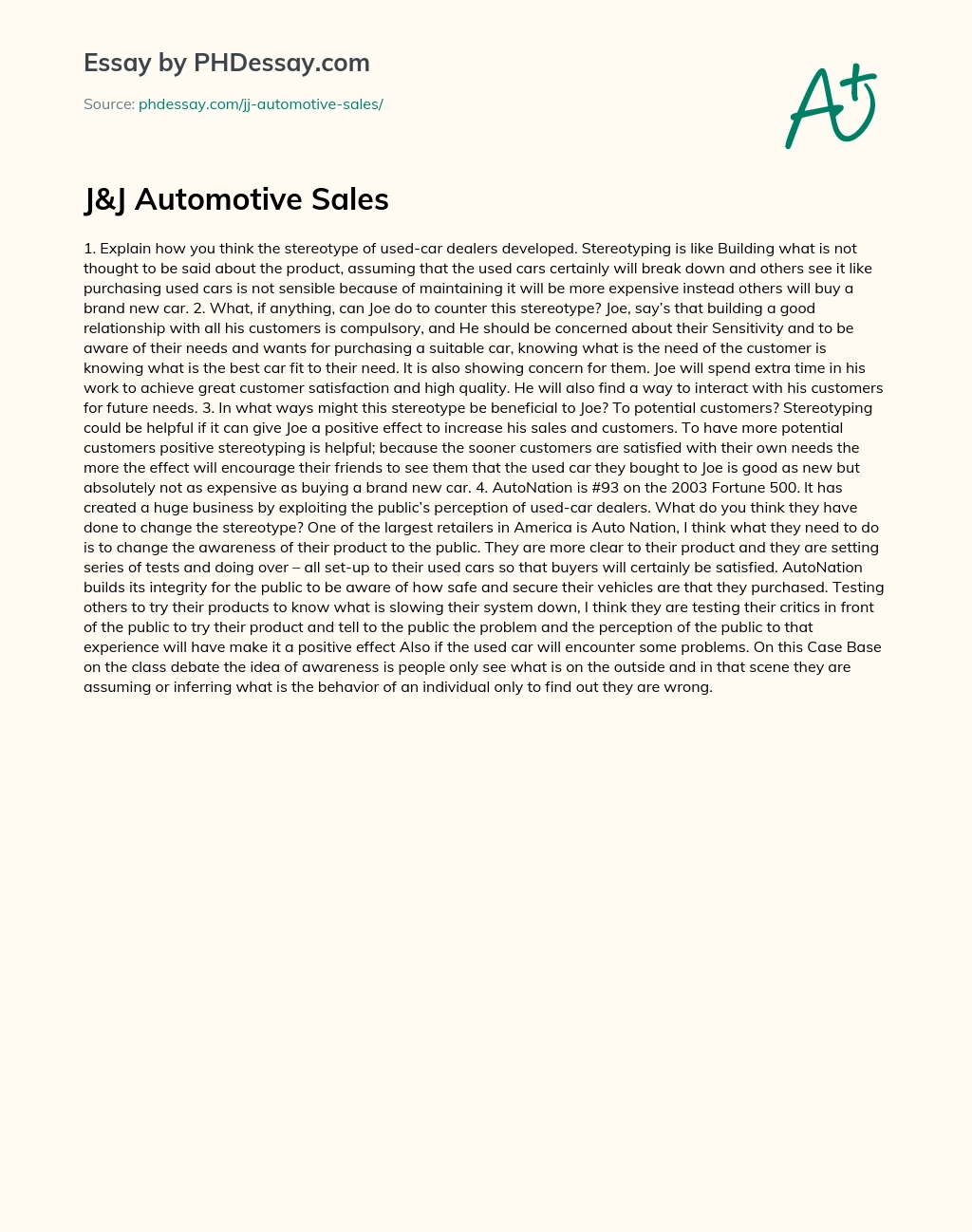 J&J Automotive Sales essay
