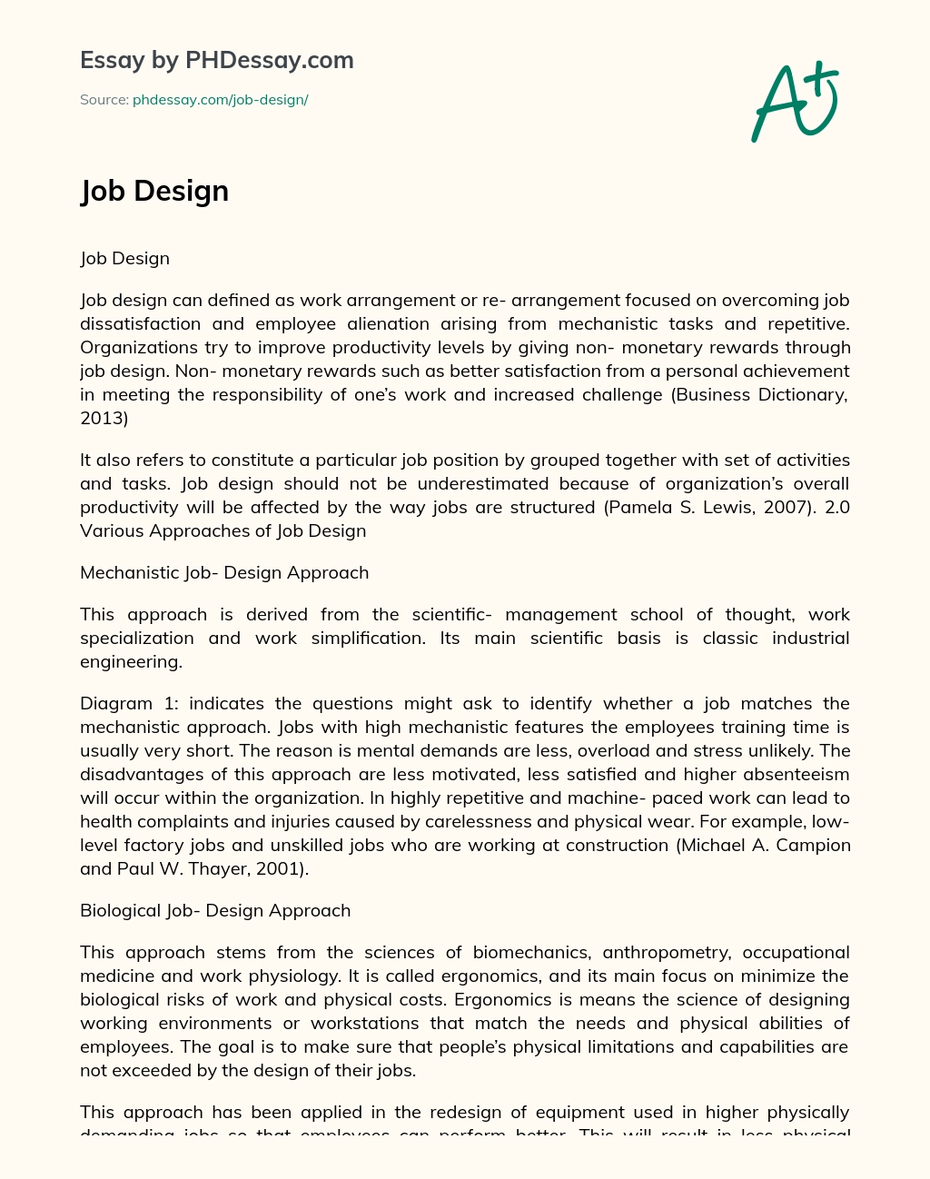 Exploring Job Design: Overcoming Dissatisfaction and Boosting Productivity essay