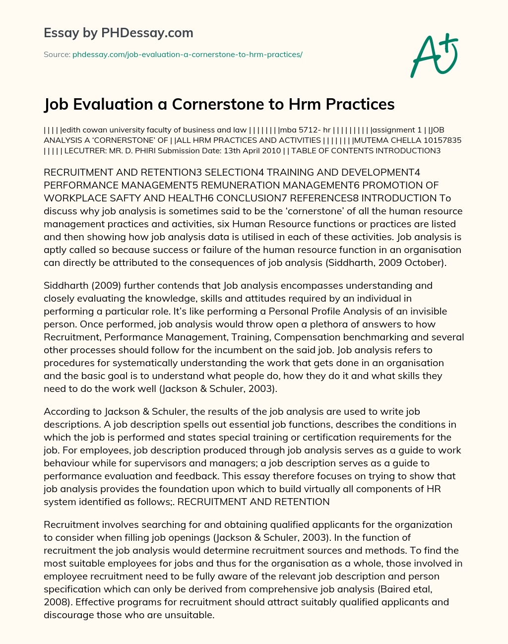 Job Evaluation a Cornerstone to Hrm Practices essay