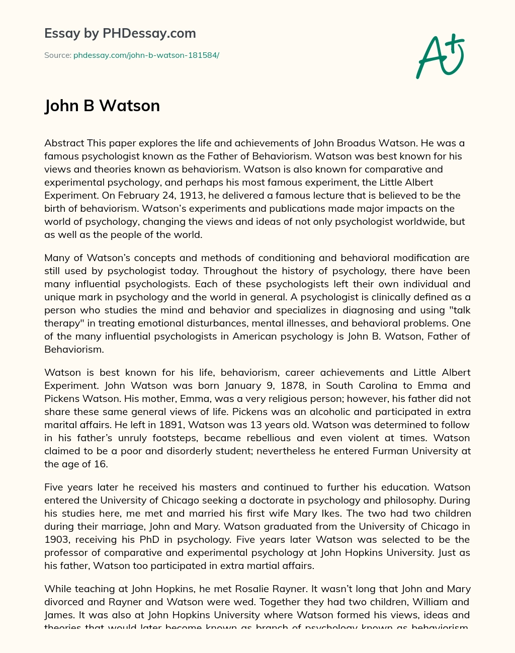 John B Watson essay