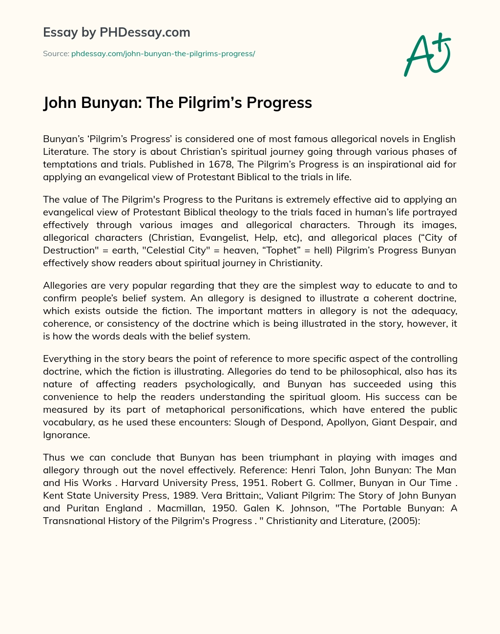 John Bunyan: The Pilgrim’s Progress essay