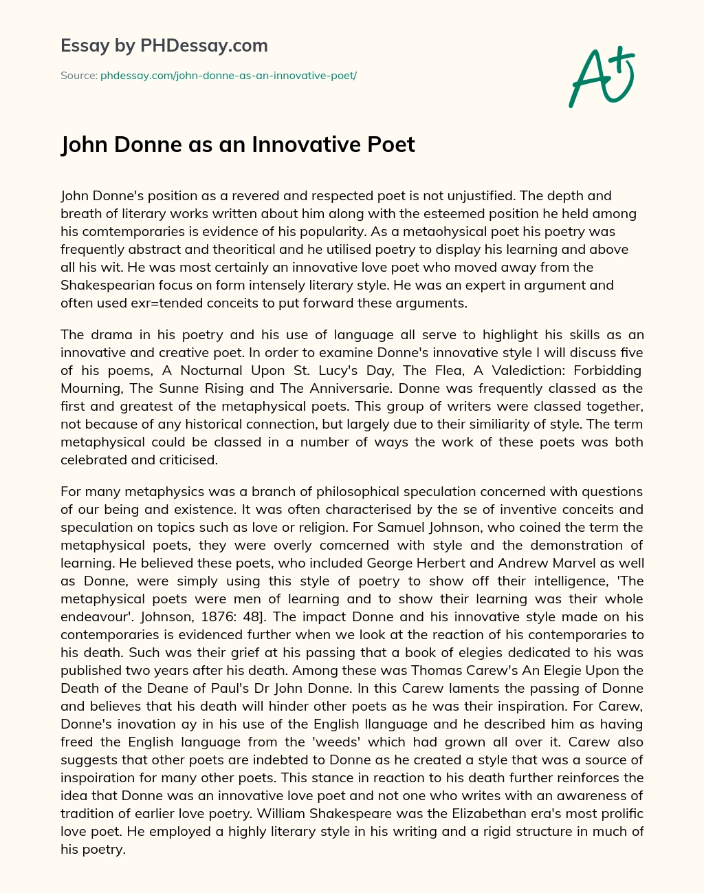 John Donne as an Innovative Poet essay