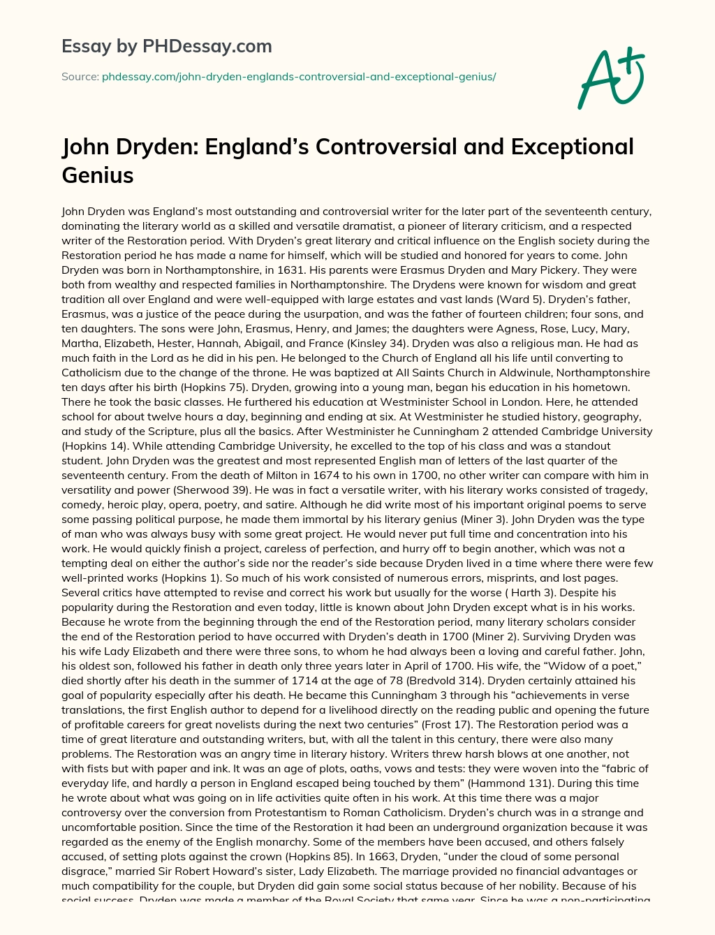 John Dryden: England’s Controversial and Exceptional Genius essay