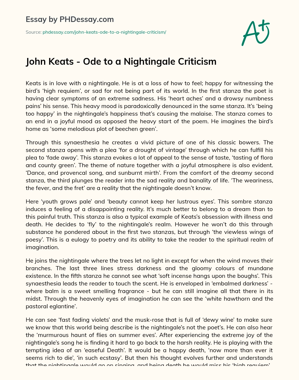 John Keats – Ode to a Nightingale Criticism essay