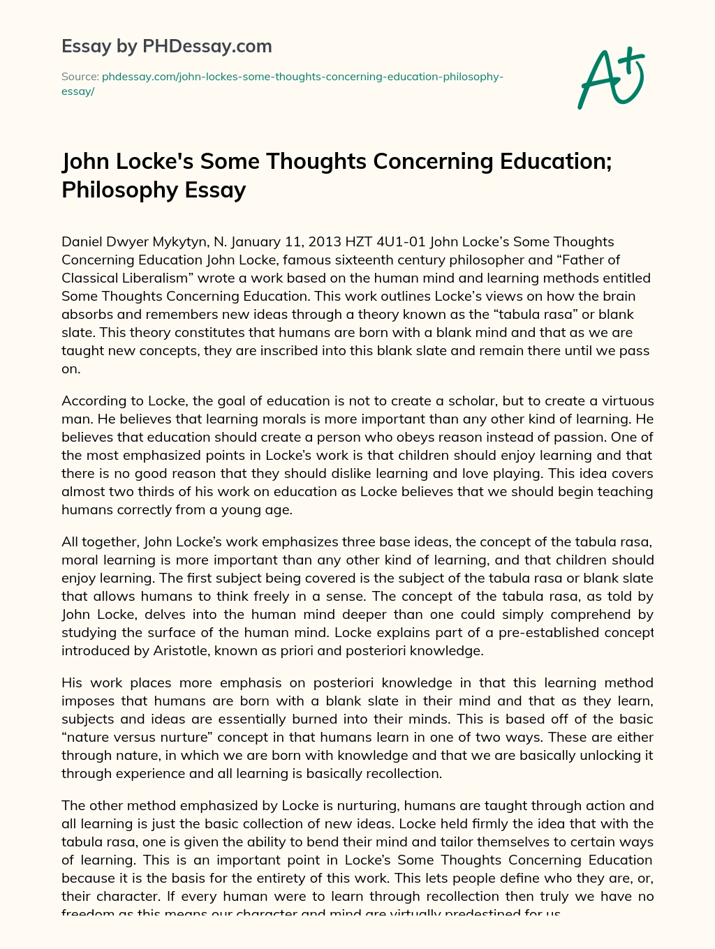 John Locke’s Some Thoughts Concerning Education; Philosophy Essay essay