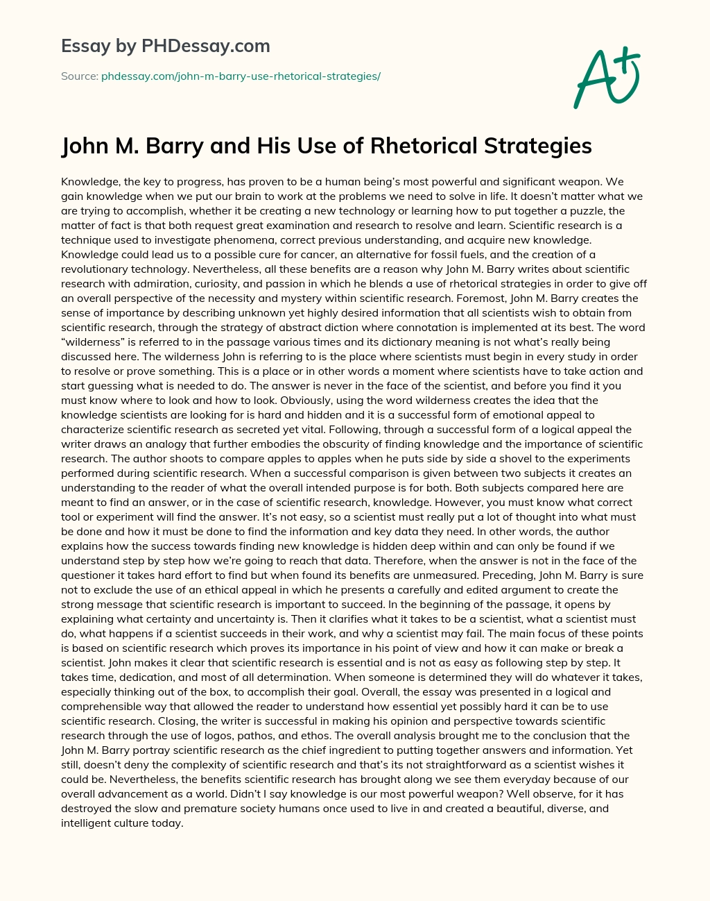 John M. Barry and His Use of Rhetorical Strategies essay