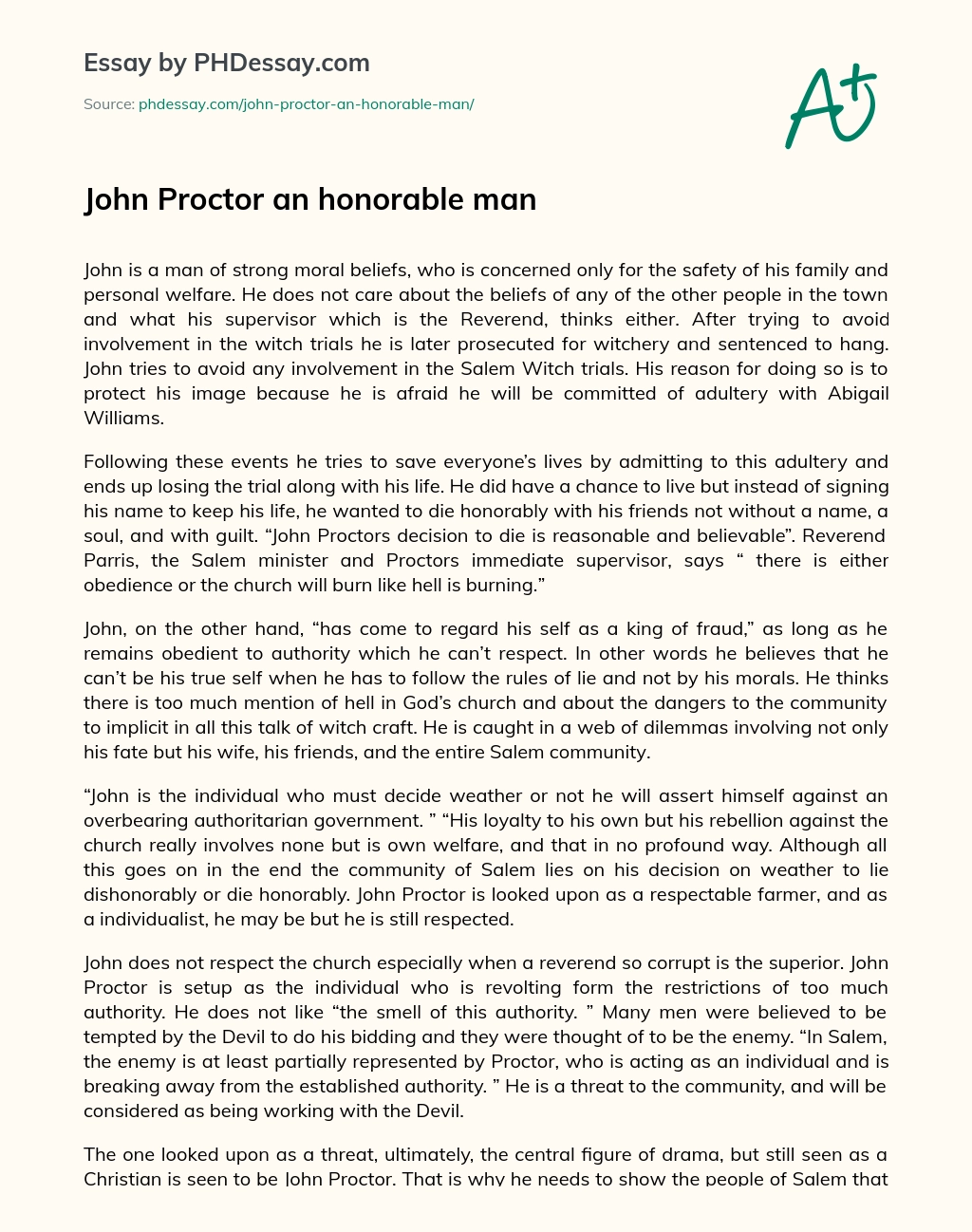 John Proctor an honorable man essay