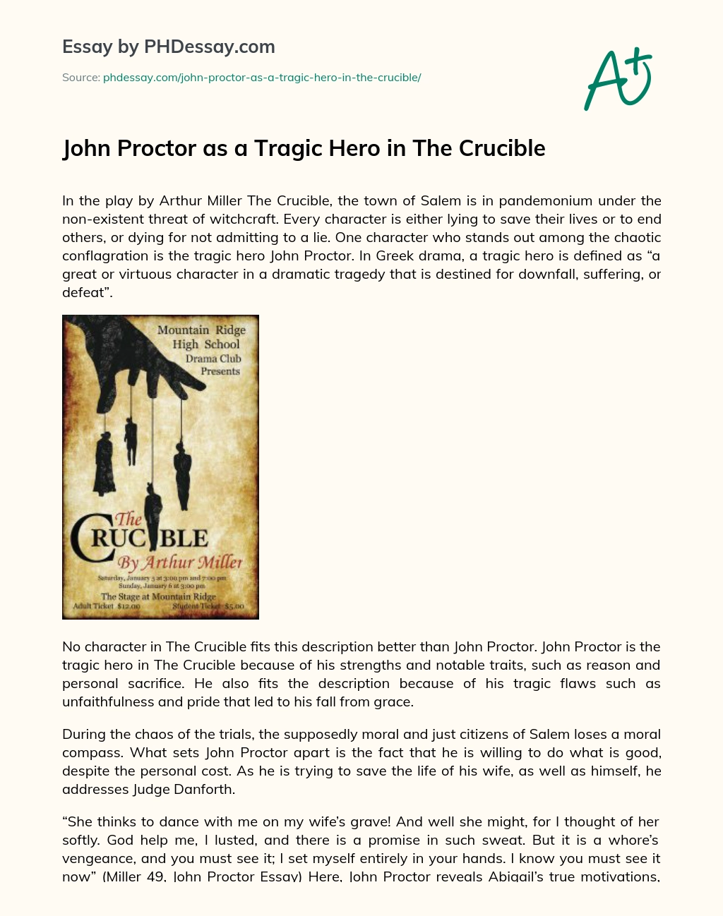 John Proctor as a Tragic Hero in The Crucible essay
