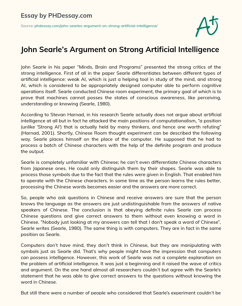 John Searle’s Argument on Strong Artificial Intelligence essay