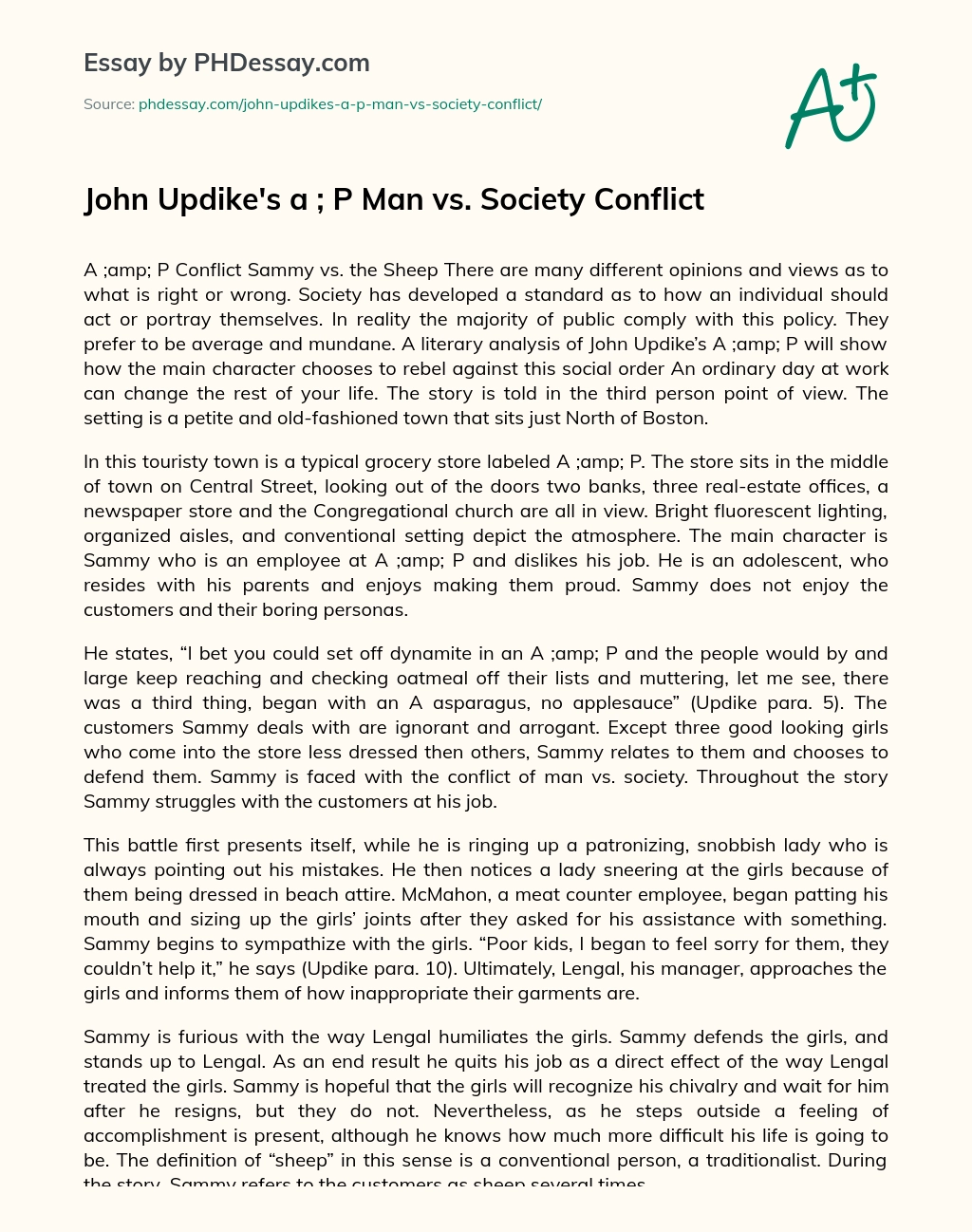 John Updike’s a ; P Man vs. Society Conflict essay