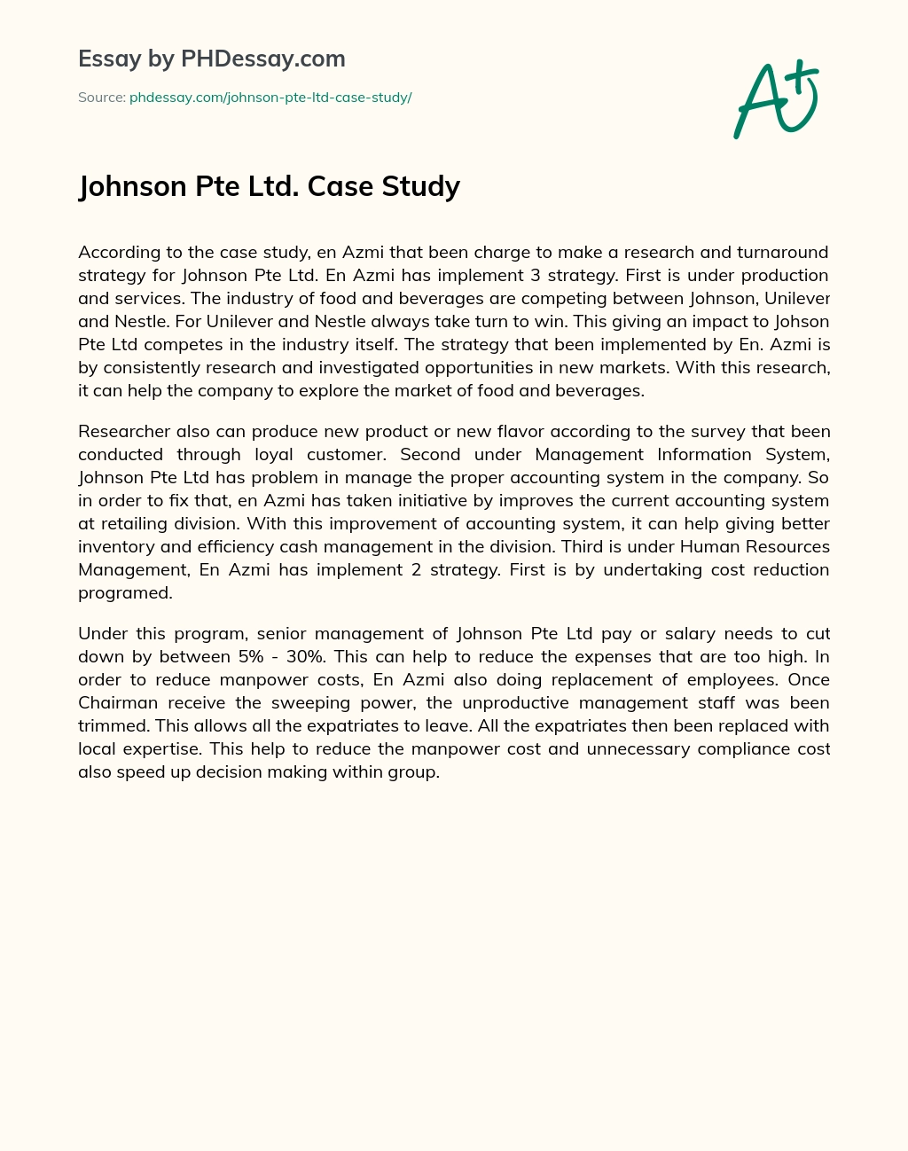 Johnson Pte Ltd. Case Study essay