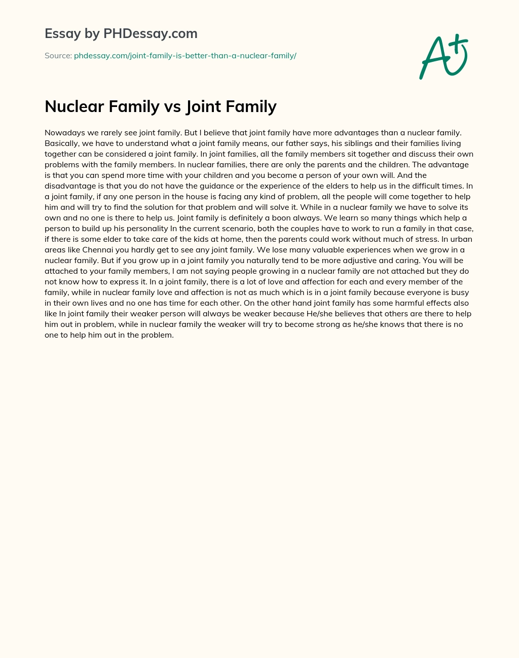 Nuclear Family vs Joint Family essay