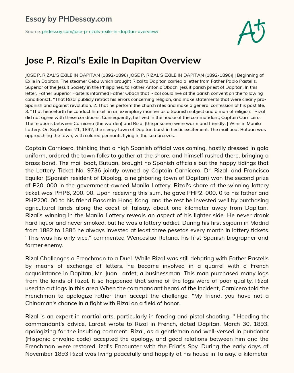 Jose P. Rizal’s Exile In Dapitan Overview essay