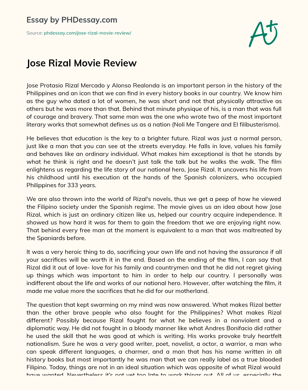 Jose Rizal Movie Review essay