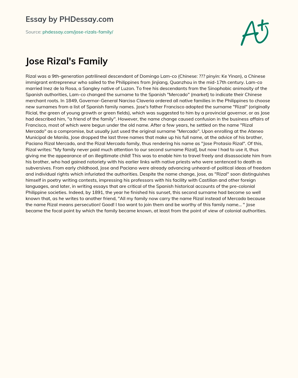 Jose Rizal’s Family essay