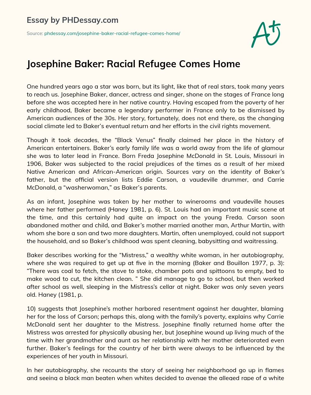 Josephine Baker: Racial Refugee Comes Home essay