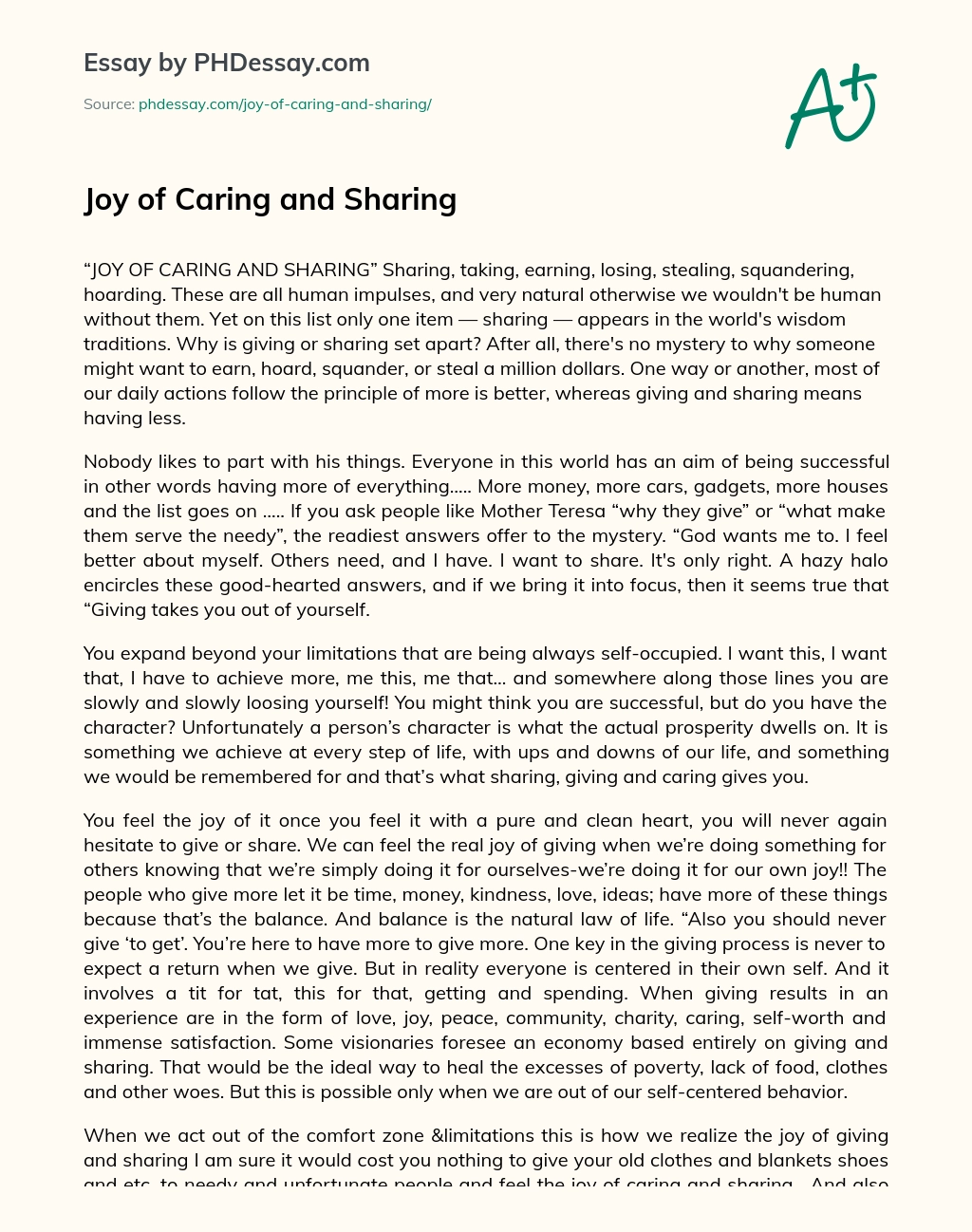 Joy of Caring and Sharing essay