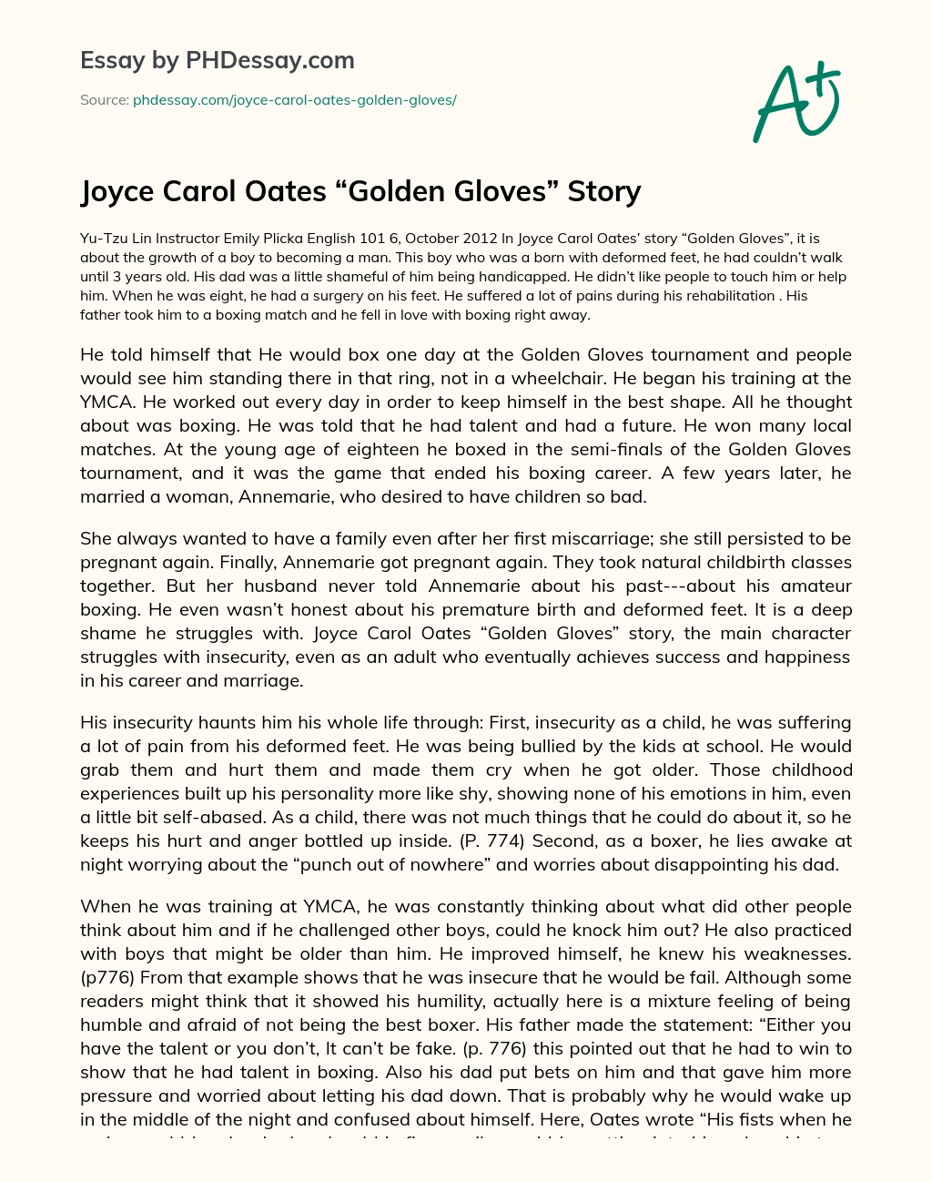 Joyce Carol Oates “Golden Gloves” Story essay