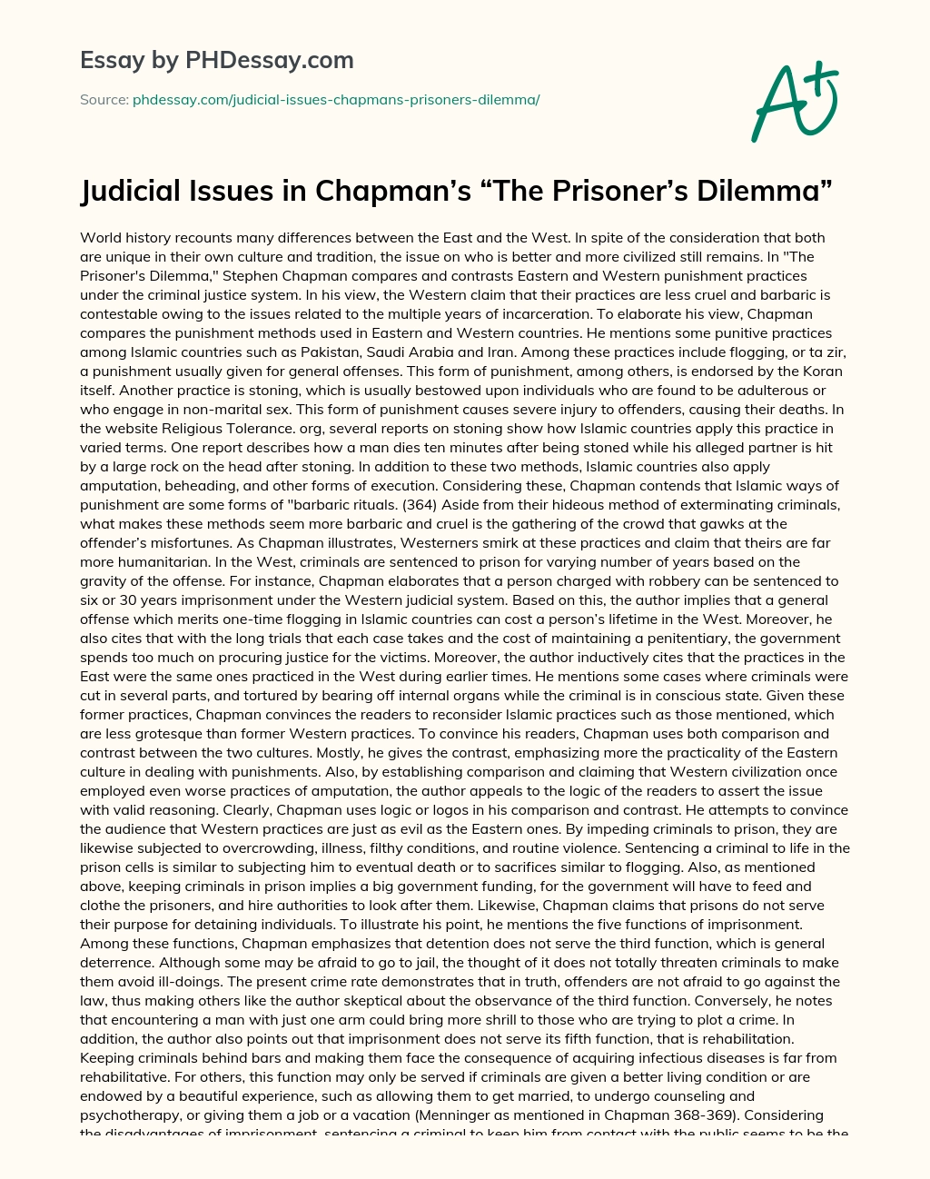 Judicial Issues in Chapman’s “The Prisoner’s Dilemma” essay